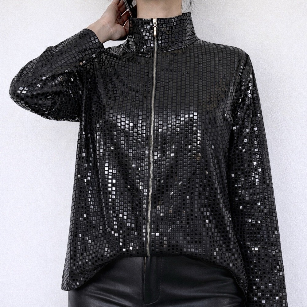 NWT Misook Black Grid Sequin Zip Jacket Size 1X Full Zip High Neck Korea Dressy